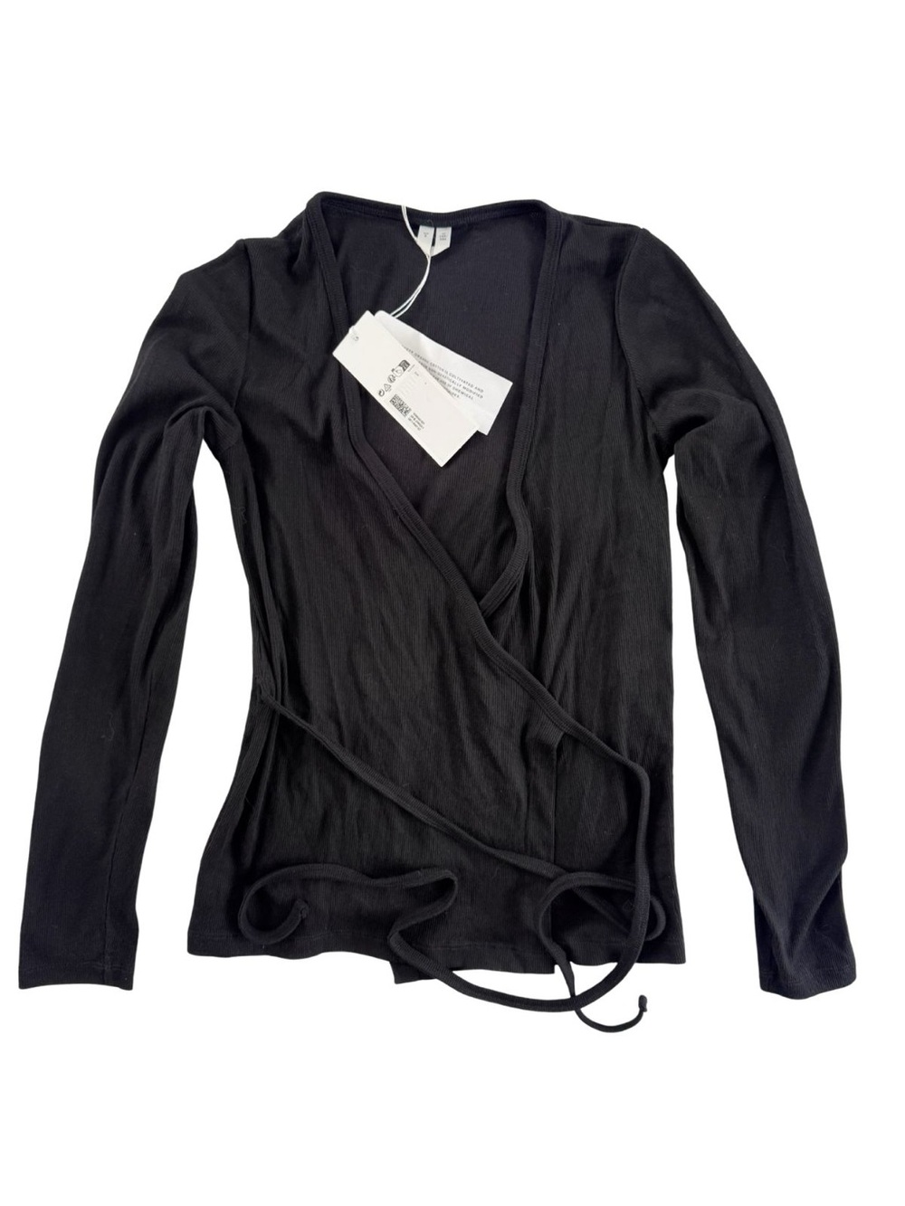 Arket Black Ribbed Wrap Shirt - Long Sleeve Tie Waist Minimalist Top